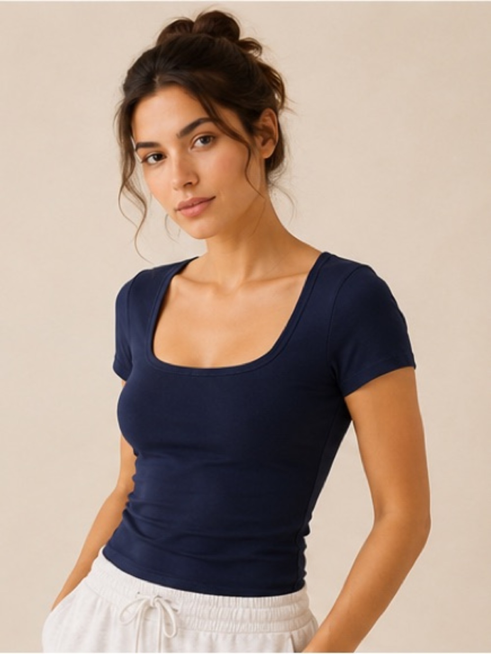 SKIMS Navy Blue Square Neck Cap Sleeve Basic Essential Luxury Y2K Tee Small